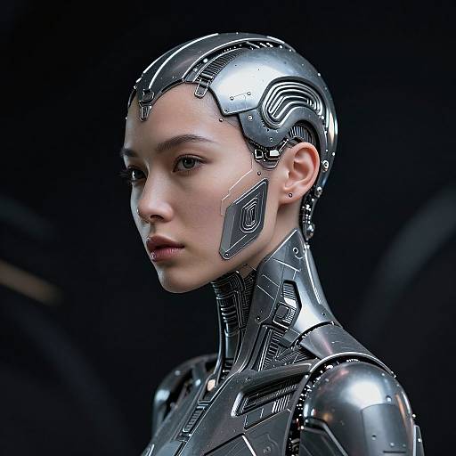 Photorealistic CGI of a young woman with a futuristic, metallic, cybernetic head and neck, featuring intricate circuits and sleek design, set against