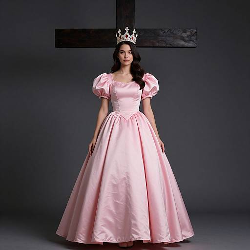 Photograph of a fair-skinned woman with dark hair, wearing a pink satin princess dress and silver crown, standing against a dark gray background with a