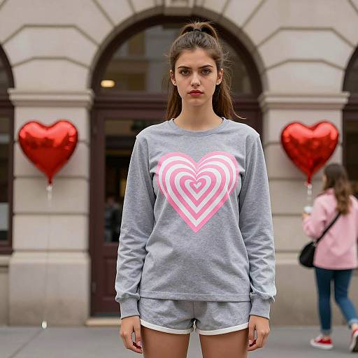 Young woman in candy heart sweatshirt with heart balloons