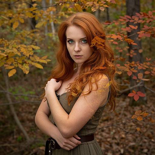 Photograph of a fair-skinned, red-haired woman with green eyes, wearing a brown dress, standing in a forest with autumn leaves.