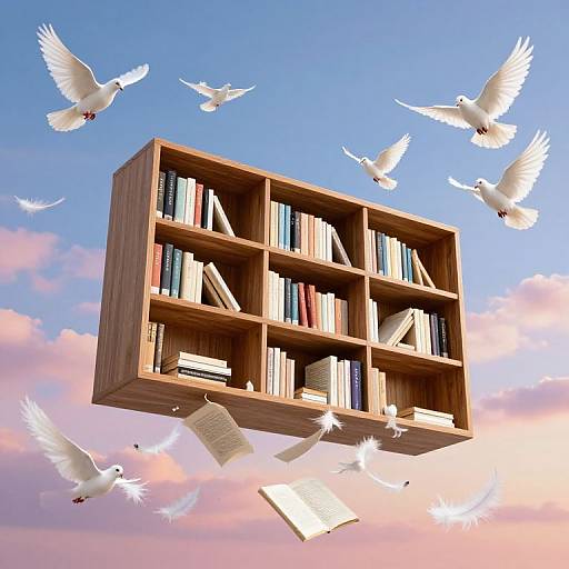 Floating wooden bookshelf with books, surrounded by white doves and flying papers, against a blue and pink sunset sky.