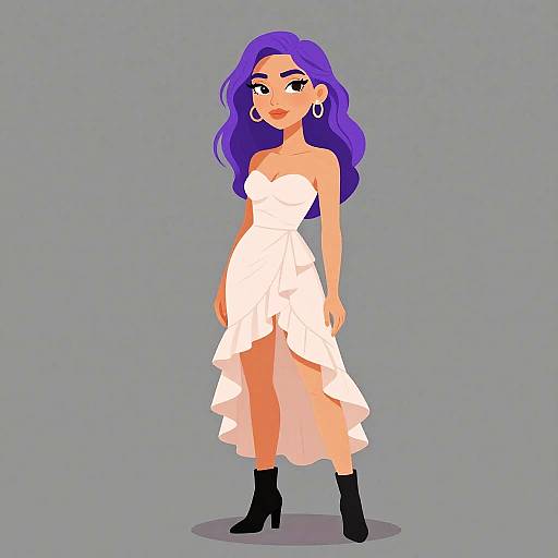 Digital cartoon of a woman with purple hair, wearing a strapless white dress, black ankle boots, and large hoop earrings.