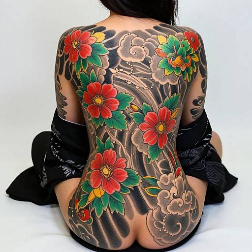 Photograph of a tattooed back featuring vibrant red and green flowers, yellow centers, and brown clouds on a dark-skinned person. Black clothing partially