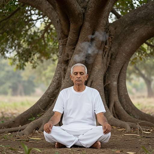 Photograph of an elderly man with gray hair, wearing a white outfit, sitting cross-legged under a large tree, with smoke rising from his mouth.