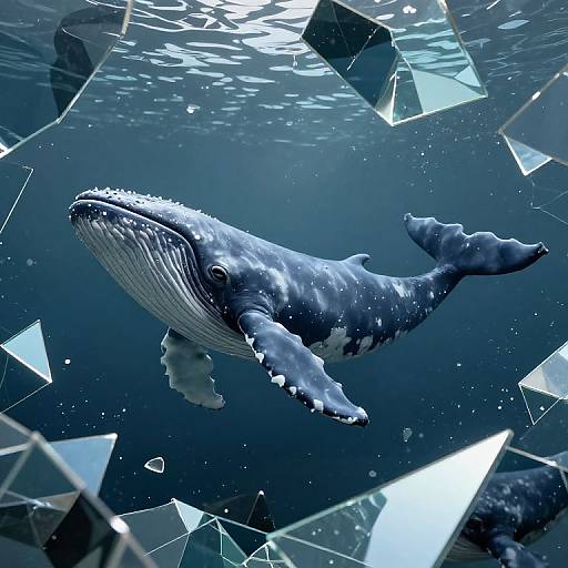 Digital art of a massive, detailed blue whale swimming underwater surrounded by geometric, reflective crystal shapes, creating a surreal, futuristic effect.