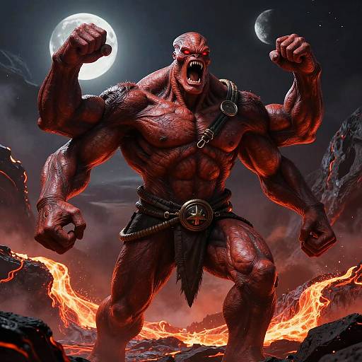 Red Four-Armed Alien Roar Under Moons