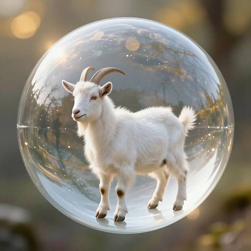 Photograph of a small, white, fluffy goat with curved horns inside a transparent, glowing bubble, set against a blurry, sunlit forest background.