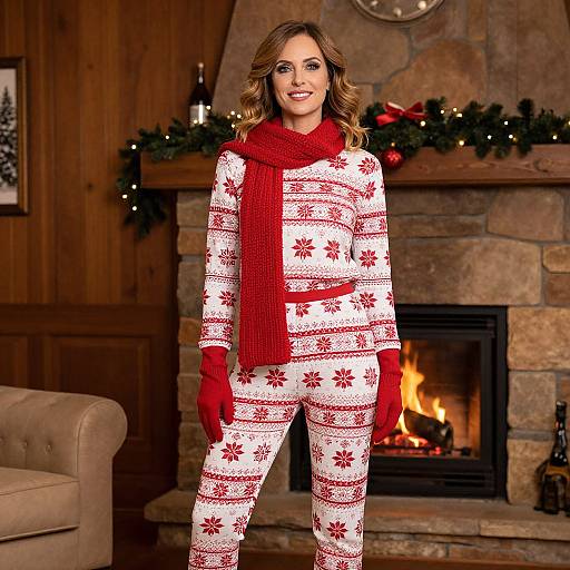 Photograph of a smiling woman with wavy brown hair, wearing white Christmas-themed pajamas, red scarf, and gloves, standing in front of a