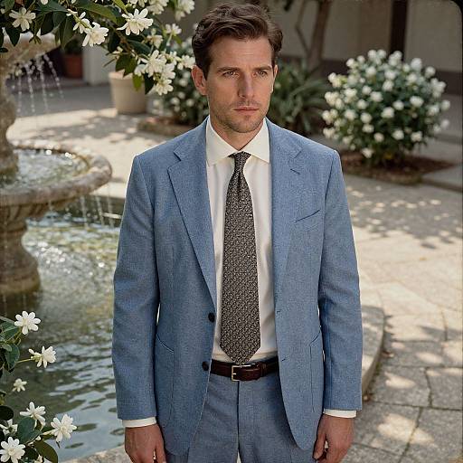 Photograph of a handsome, brown-haired man in a blue suit, white shirt, and patterned tie, standing outdoors by a fountain and blooming