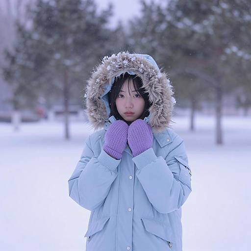 Teenage Girl in Winter Jacket with Purple Mittens