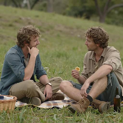 Two Men Chatting on Picnic Blanket Outdoors