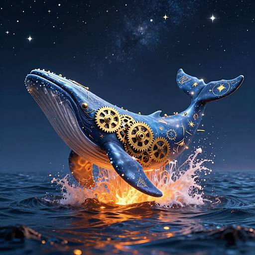 Digital artwork of a blue whale with golden gears, splashing in ocean water under a starry night sky. Dynamic, vibrant colors.