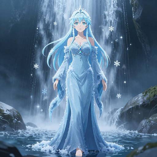Frost Shrine Maiden Under Waterfall