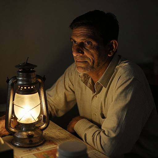 Photograph of a middle-aged, weathered man with grey hair and beard, wearing a beige shirt, illuminated by a glowing oil lamp in a dark