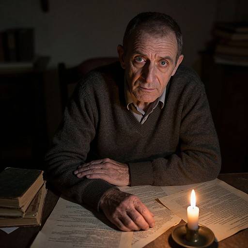 Photograph of an elderly man with wrinkled skin, dark sweater, and white shirt, illuminated by candlelight, reading papers at a dimly lit