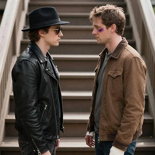 Intense Standoff on Wooden Stairs