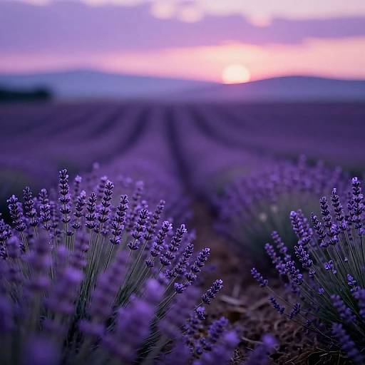 Photograph of a lavender field at sunset, with vibrant purple flowers in the foreground and a blurred, colorful horizon in the background.