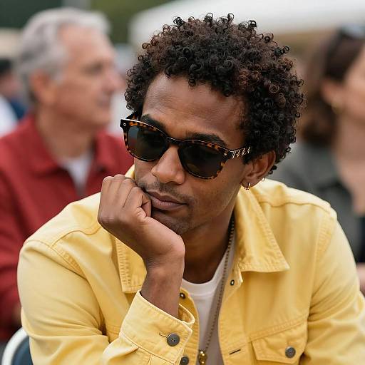 Thoughtful Man in Yellow Jacket and Sunglasses