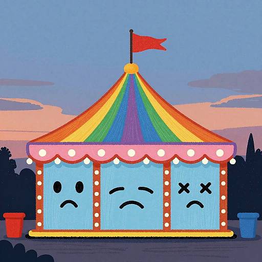 Digital drawing of a colorful carnival carousel with three blue, faceless panels (sad, neutral, confused) at sunset, topped by a red flag.