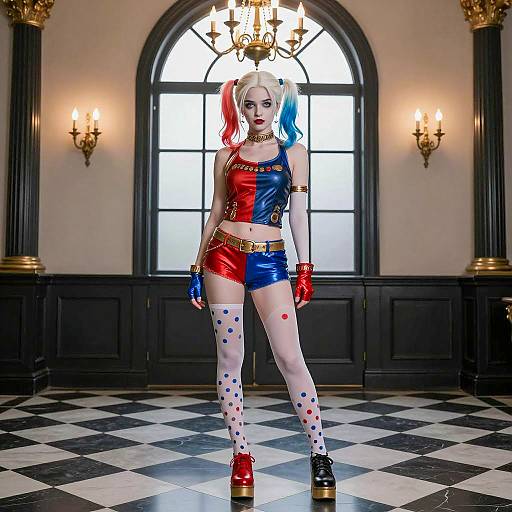 Elegant Harley Quinn Cosplay in Classic Room