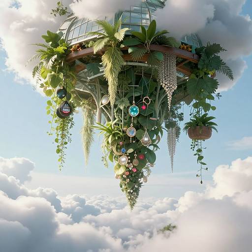 Photograph of a floating, lush, green, plant-covered structure adorned with hanging crystals, colorful orbs, and potted plants against a bright blue sky