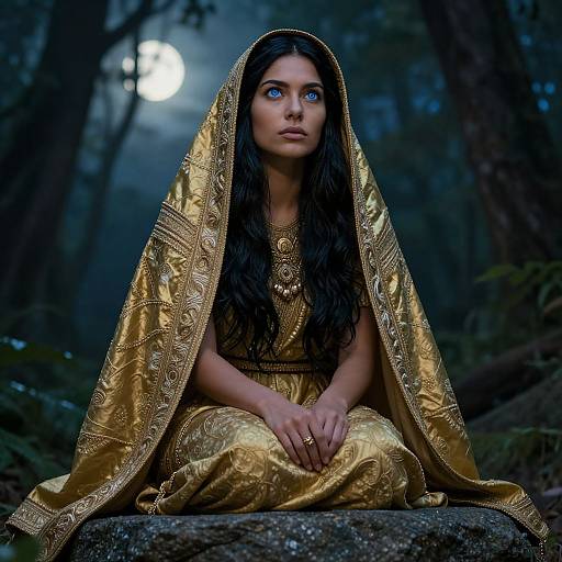 Photograph of a young woman with long black hair, blue eyes, and fair skin, wearing an ornate gold saree and headscarf,