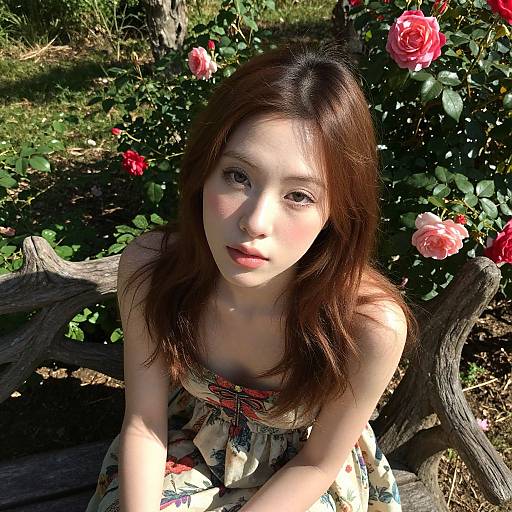 Photograph of an Asian woman with fair skin, long brown hair, and pink blush, wearing a floral dress, sitting on a wooden bench in a