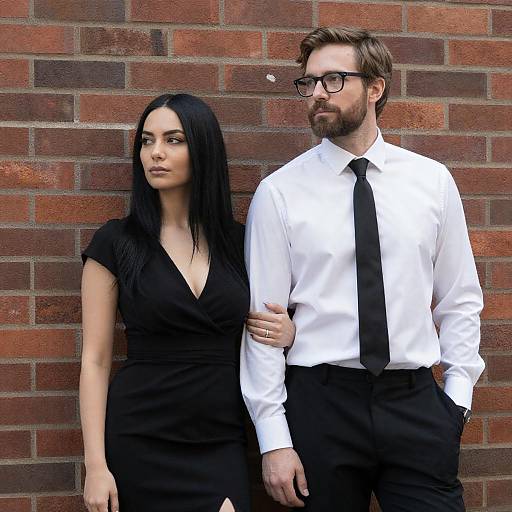 Elegant Couple Standing Against Brick Wall