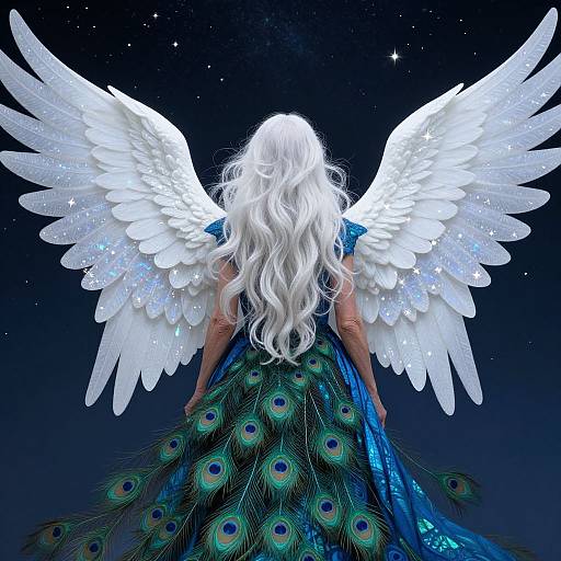 Digital art of a white-haired angel with large, glowing white wings, wearing a blue peacock-feather dress, facing a starry night sky.