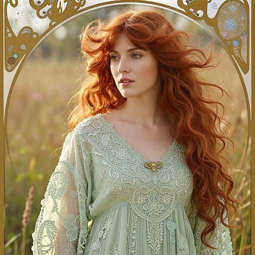 Photograph of a red-haired woman with long, wavy hair, wearing a light green lace dress, standing in a sunlit field. Ornate