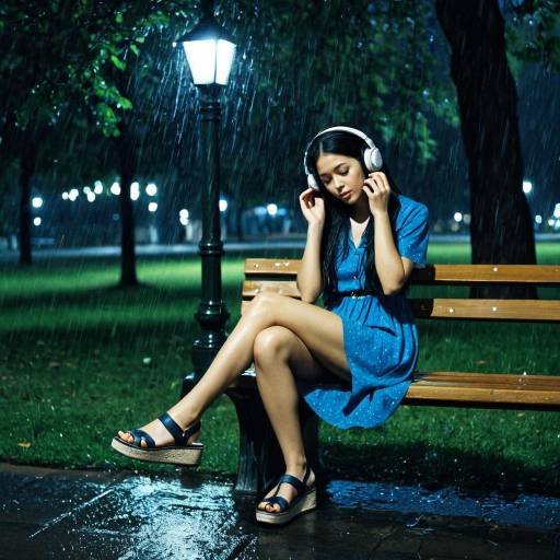 Woman Listening to Music on Bench in Rainy Night