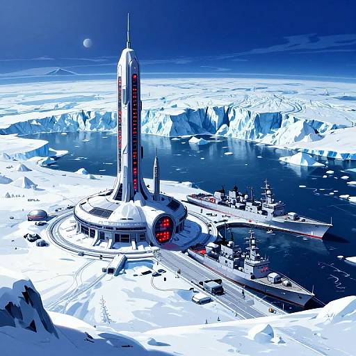 Digital artwork of a futuristic, cylindrical spaceport with red-lit windows on icy, snow-covered terrain, surrounded by icy waters and a distant moon.