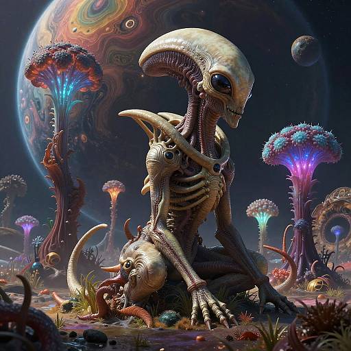 Digital art of a skeletal alien with a large head, sitting on a planet with glowing, surreal, bioluminescent flora in a dark, cosmic