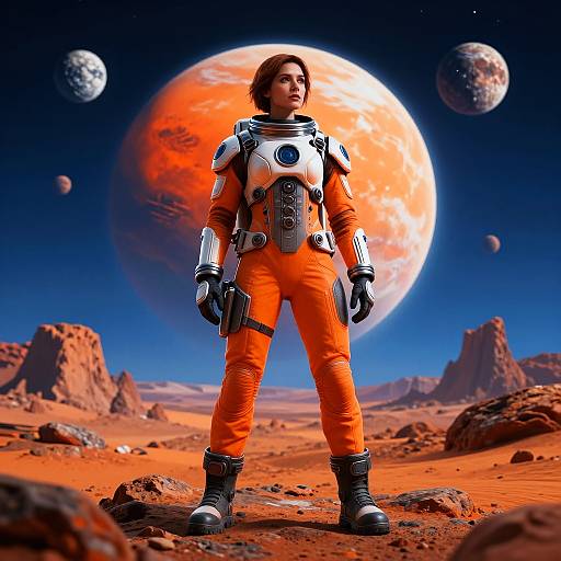 CGI image of a confident astronaut in bright orange space suit, standing on a red desert planet with large, glowing red moon and planets in the star