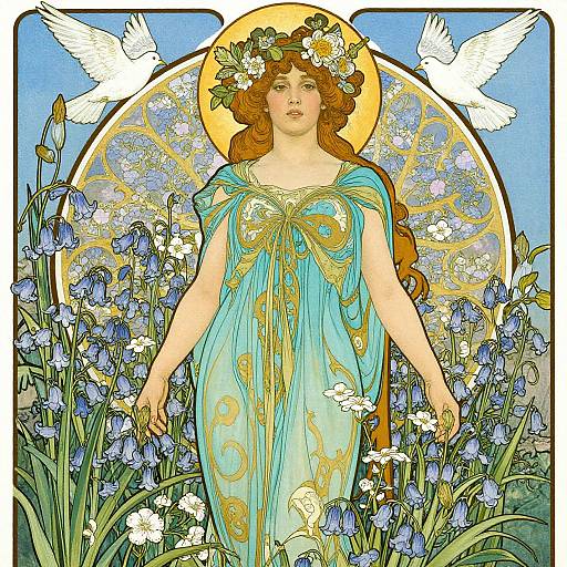 Art Nouveau Woman in Flower Garden