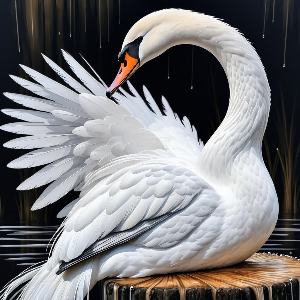 Elegant Swan on Stump with Rain Drops