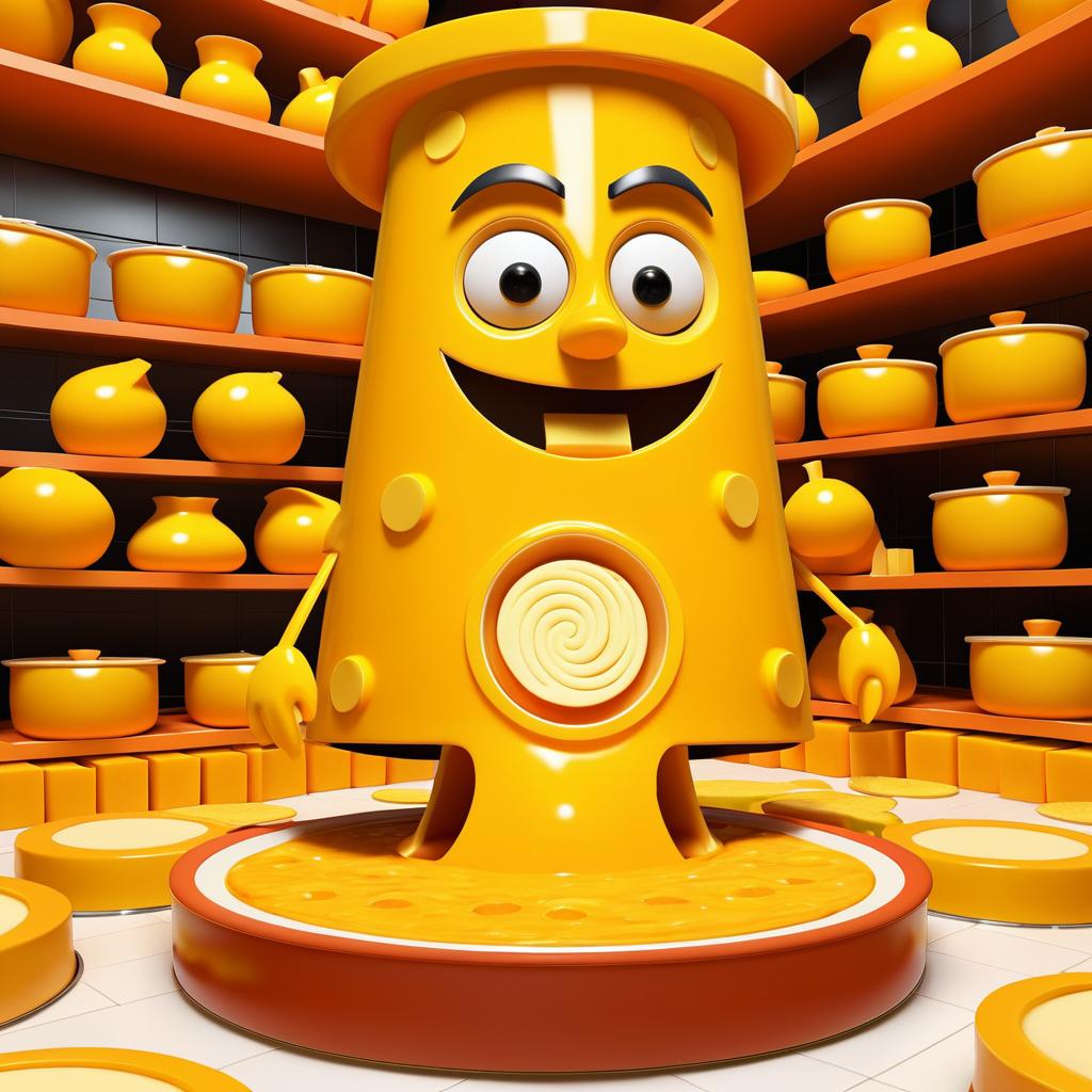 Whimsical Cheese Character in Factory