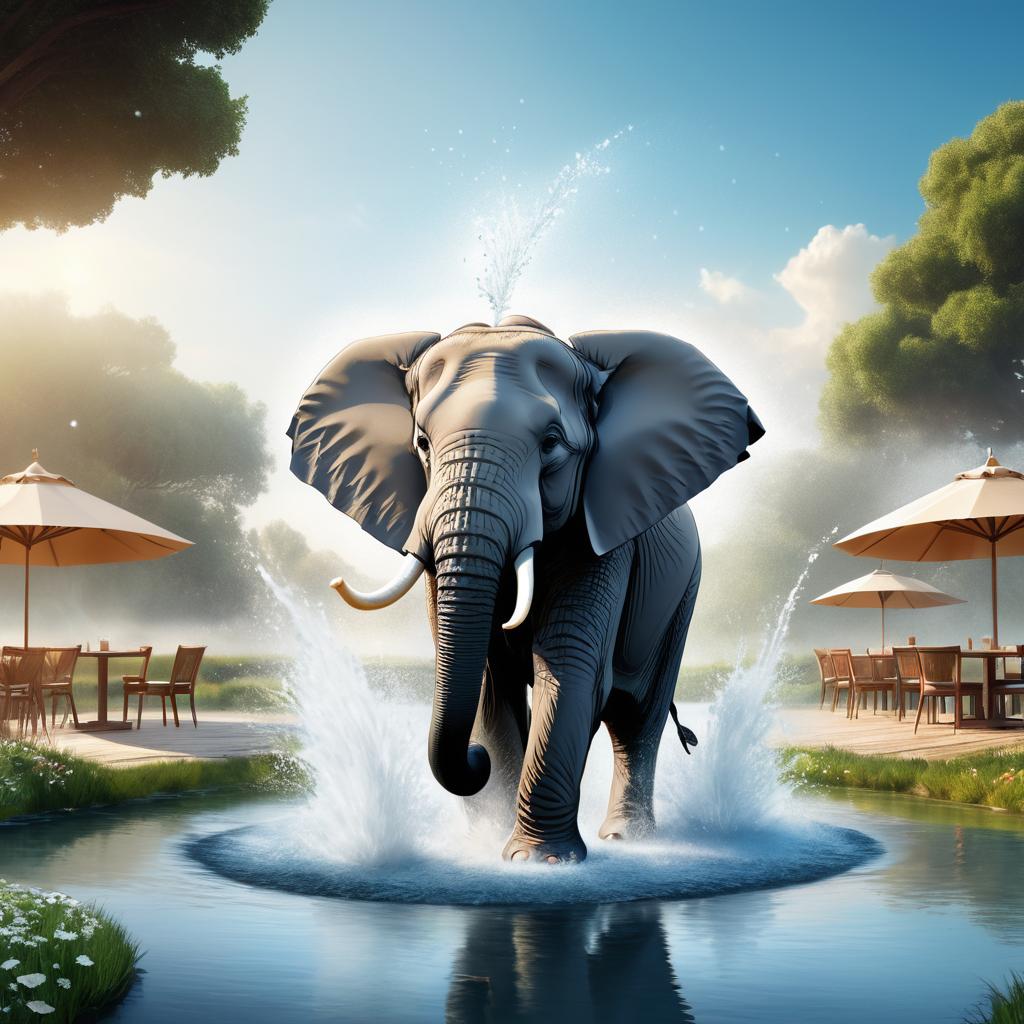 Surreal Elephant Splashing Water in Pond