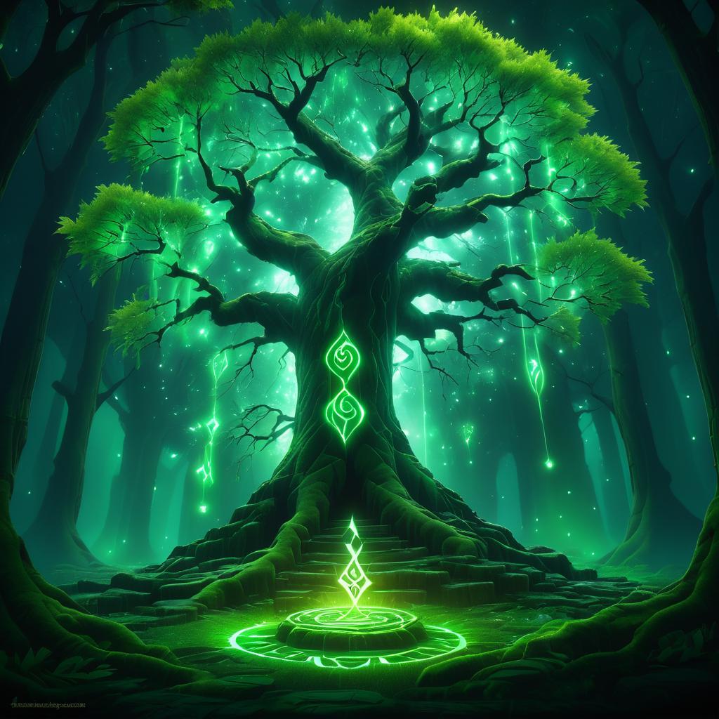 Ancient Glowing Rune Tree in Fantasy Art