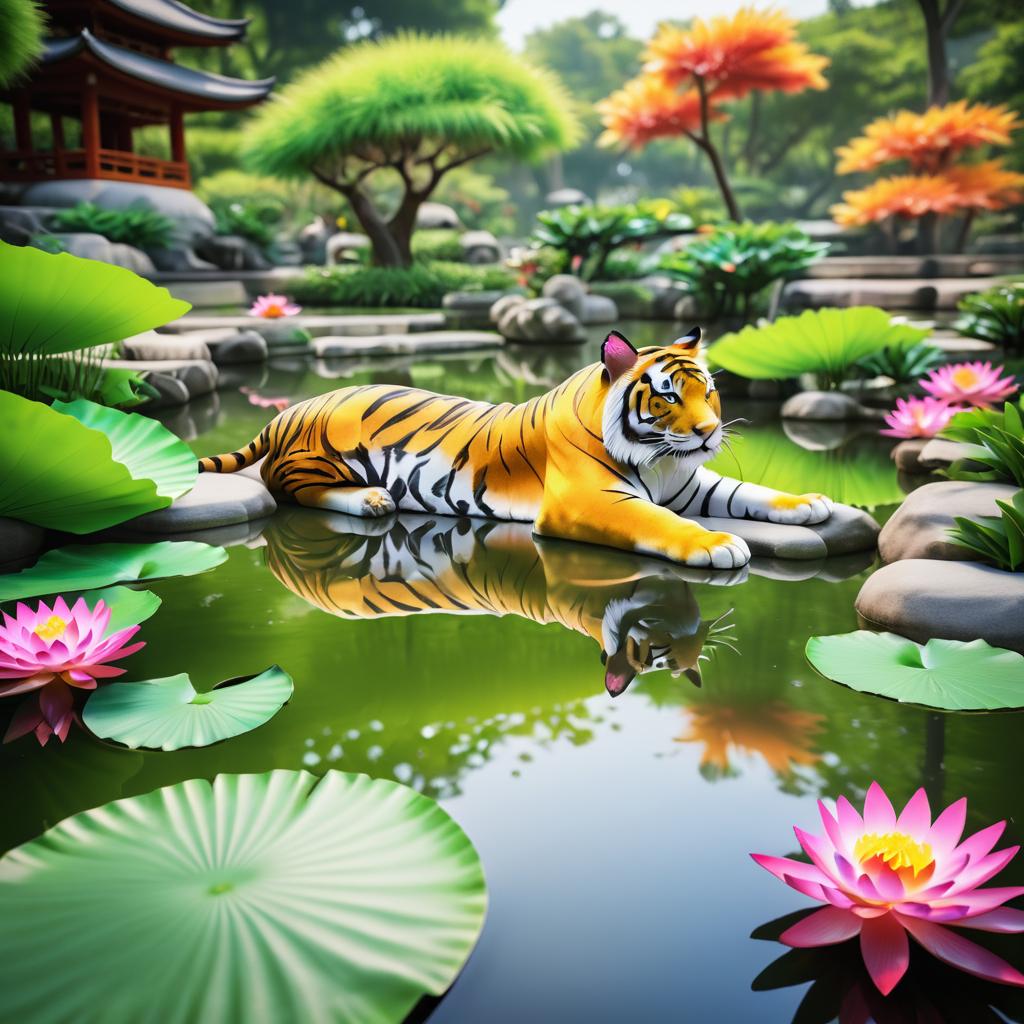 Vibrant Tiger in Japanese Lotus Garden