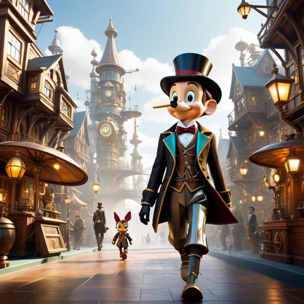 Steampunk Pinocchio in a Futuristic City