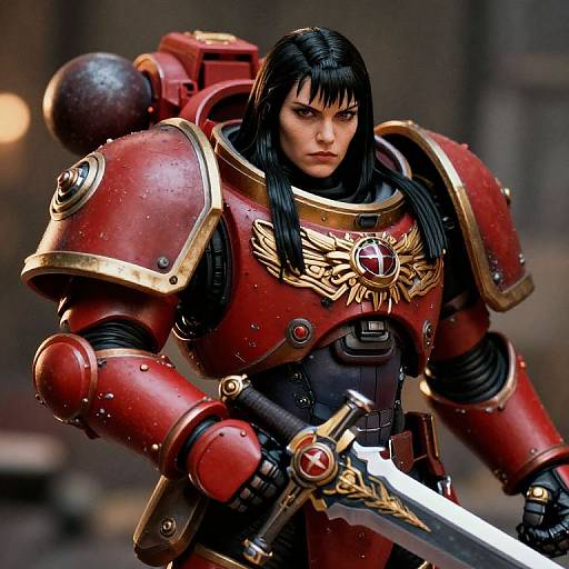 Digital artwork of a stern-faced woman with long black hair, wearing red and gold armored suit, holding a sword, with a mechanical backpack, in a