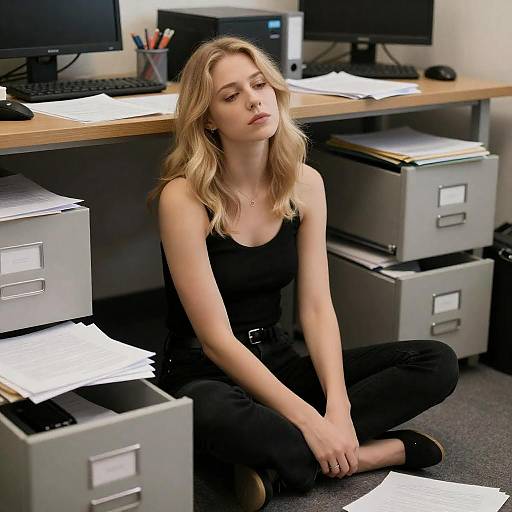 Tired Blonde in Cluttered Office