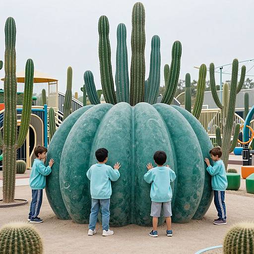 Photograph of three young boys in light blue shirts and dark pants, standing in front of a large, textured blue cactus sculpture in a playground with