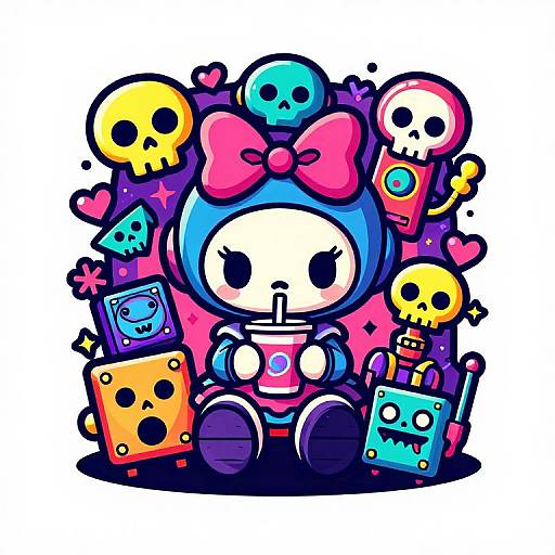 Cute, chibi-style drawing of a blue-haired girl with a pink bow, sipping from a straw, surrounded by colorful skulls, hearts,