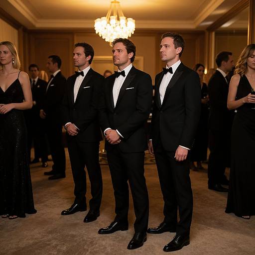 Photograph of three men in black tuxedos standing in a formal ballroom, with a chandelier overhead and elegantly dressed women in the
