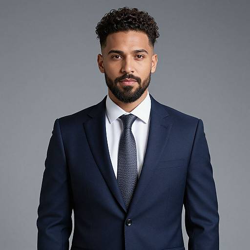 Photograph of a bearded Middle Eastern man with curly black hair, wearing a dark blue suit, white shirt, and patterned black tie, against