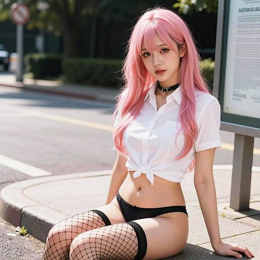 Pink-Haired College Girl at Bus Stop
