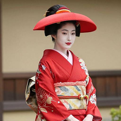 Elegant Woman in Red Kimono