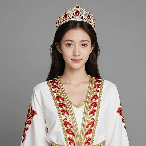 Photograph of an East Asian woman with long black hair, wearing a white royal robe with red and gold embroidery, and a jeweled crown, against